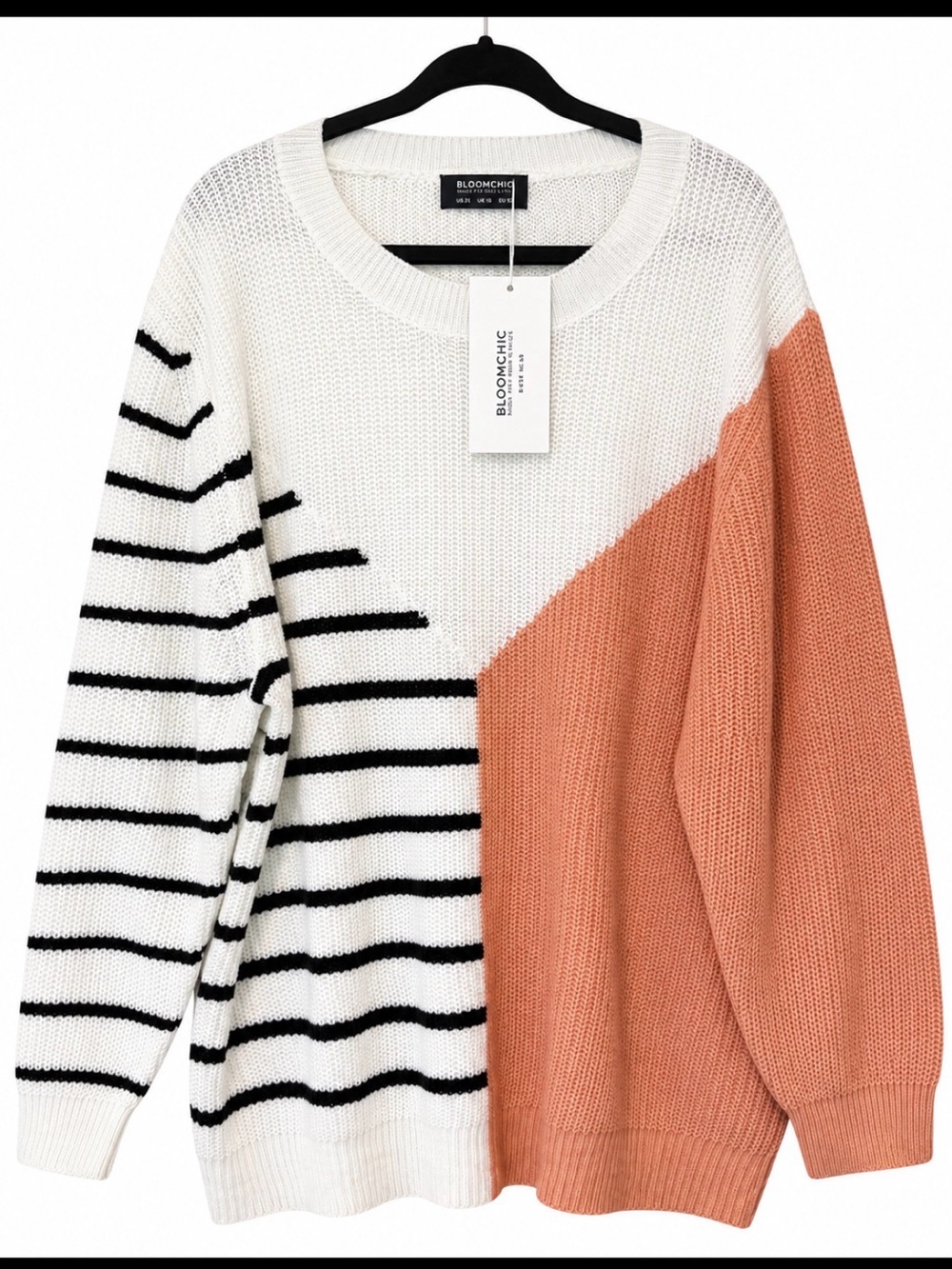 BloomChic White, Black & Peach Colorblock Stripe Crewneck Sweater